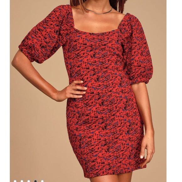 NWT Free People Sunset Red Multi Print Puff Sleeve Bodycon Mini Dress - Picture 6 of 8